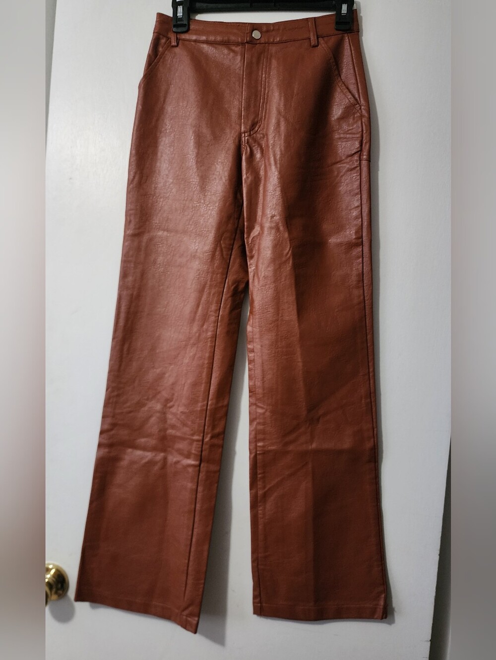 Princess Polly Women Brown Rust Faux Leather Pleather Wide Leg Mid Rise Pants 2